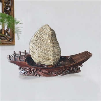 【一帆风顺】来宾卷纹石配宝船形樟木座