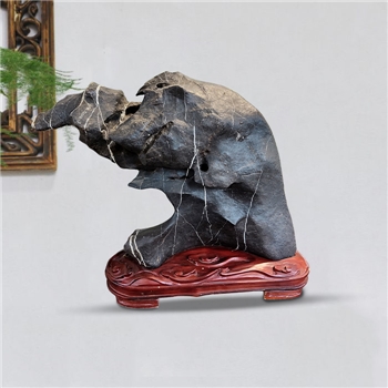 【招财猪】奇石墨石配樟木实木底座摆件博古架案头摆件