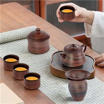 坭兴陶木纹茶具一套